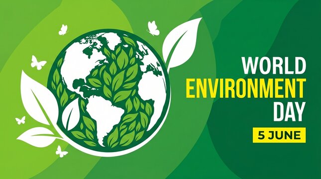 World Environment Day - White circle world globe, leaf and butterfly sign with abstract green leaves texture on green curve background vector design