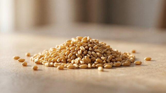 A pile of wheat grains scattered on a wooden surface showcasing the raw ingredient for bread and other foods whole grain food ingredient grain product pesticide free agriculture ingredient