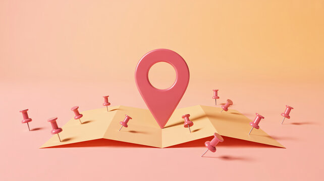 A pink map with a large location pin and several smaller push pins scattered around it.