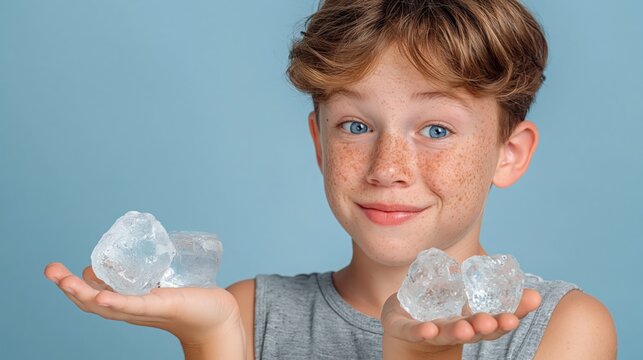 Smiling freckled boy holding large ice cubes in both hands against blue background, playful portrait with cool summer concept and copy space