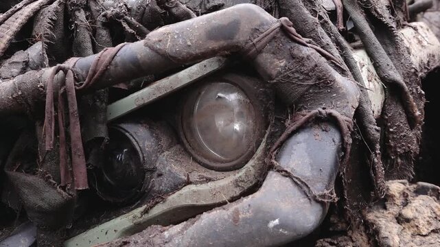 Close-up view of weathered mechanical components partially buried in dirt, showcasing intricate details of rust and decay in an outdoor setting