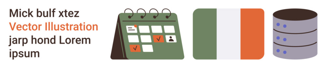 Business planning, data storage, scheduling, national identity, event management, information systems. A calendar, Irish flag and database symbols. Scheduling and data storage concepts © robu_s