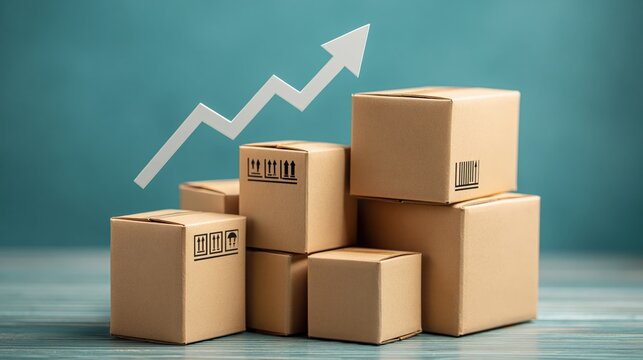 Stack of cardboard boxes with rising arrow on blue background symbolizing growth in shipping logistics sales and ecommerce with copy space