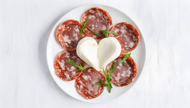 piatto di ceramica con mozzarella bianca a forma di cuora sopra uno strato di salame e rucola, ceramic plate with white mozzarella in the shape of a heart on top of a layer of salami and arugula