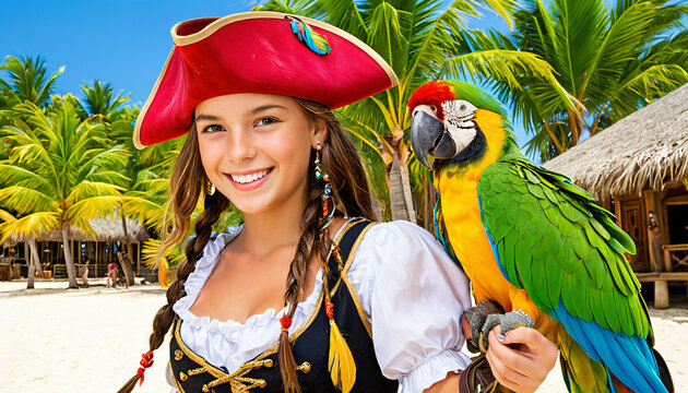 Junges M&auml;dchen als Piratin verkleidet mit gro&szlig;em Papagei am Strand