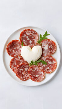 piatto di ceramica con mozzarella bianca a forma di cuora sopra uno strato di salame e rucola, ceramic plate with white mozzarella in the shape of a heart on top of a layer of salami and arugula