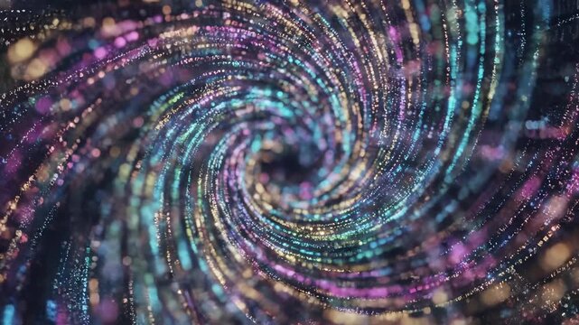 Abstract spiral galaxy vortex of glittering particles and bokeh lights in swirling cosmic motion. Radial energy flow pattern for futuristic digital and space background