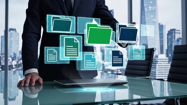 Business executive interacts with floating digital folder and document above laptop in city office. File management and storage system for corporate data organization and paperless workflow efficiency