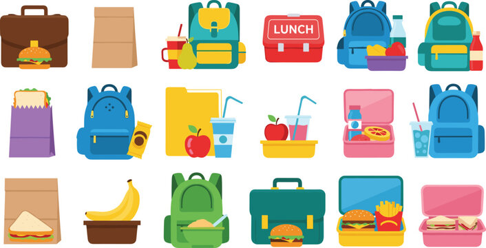 School lunch and backpack items vector set with food boxes, drinks, sandwiches, fruits and bags, colorful kids meal collection isolated flat illustration bundle