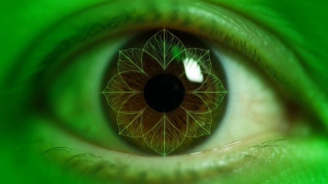 Green eye with futuristic geometric patterns.