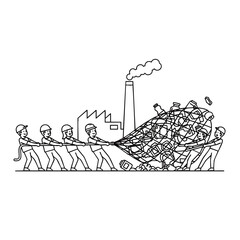 Obraz premium Line art: Team pulling net of plastic waste from factory, symbolizing environmental cleanup, pollution, waste management, and sustainability.