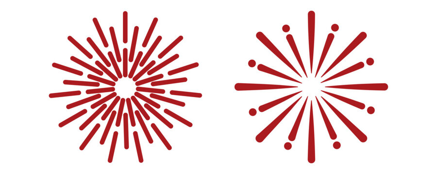 Red fireworks starburst set isolated on white. Abstract sunburst or firecracker sparkle icons for Chinese New Year and festive celebration. Vector illustration