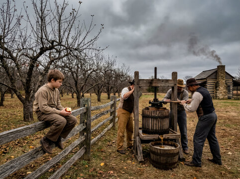 Outdoor cider making process with farm workers turning a manual press near a log cabin.