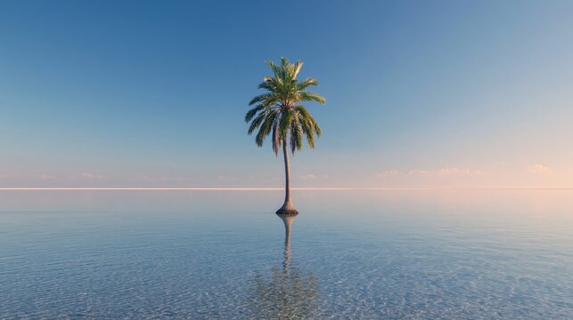 Single palm tree reflected in calm tropical sea under clear blue sky with pastel horizon and wide copy space for text or design