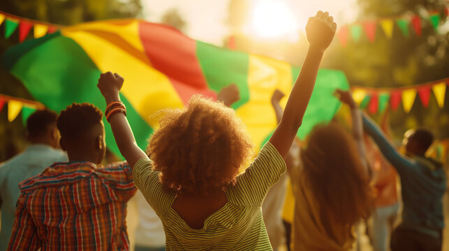 Back view of Black people celebrating at an outdoor festival with a flag at sunset