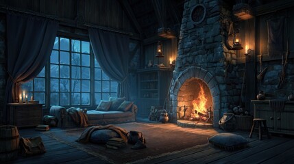 Naklejka premium Cozy rustic cabin interior with stone fireplace and sofa at night, warm firelight contrasting with snowy winter forest view through large window