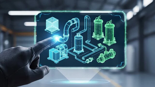 Industrial machinery pipeline and tank equipment digital wireframe interface touched by hand in factory. Smart engineering technology and automation system with virtual design and process control
