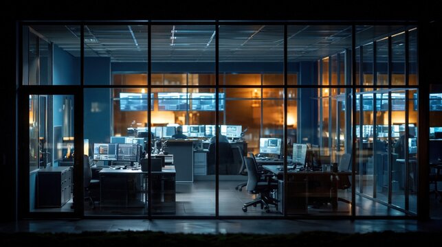 Modern glass walled control room at night with multiple computer monitors and empty desks in a high tech corporate office interior
