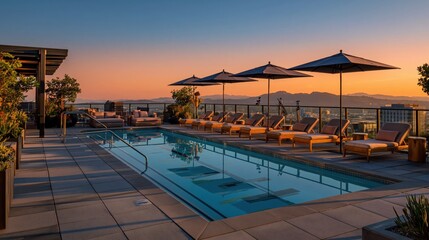 Fototapeta premium Luxury rooftop swimming pool with loungers and umbrellas at sunset overlooking city skyline and mountains, modern outdoor terrace with relaxing atmosphere