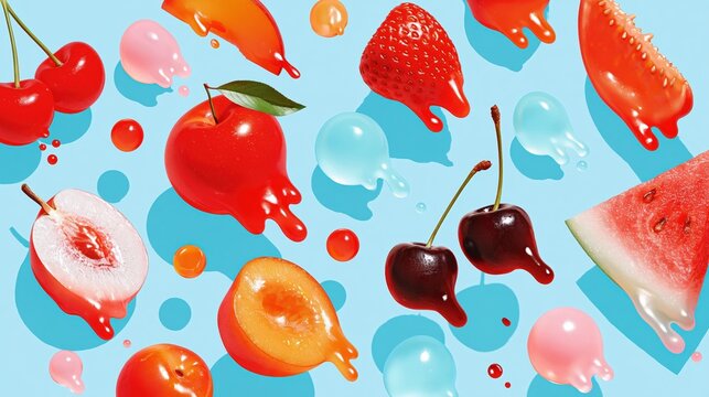 Colorful dripping fruit and jelly candies flat lay on blue background, bright summer pattern with copy space for banner or advertising design