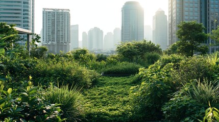 Fototapeta premium Lush green rooftop garden with dense plants and trees overlooking modern city skyscrapers in soft morning light, sustainable urban nature concept