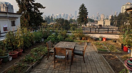 Obraz premium Rooftop urban garden with wooden table and chairs overlooking city skyline at sunset, outdoor terrace with vegetable beds and relaxing seating area