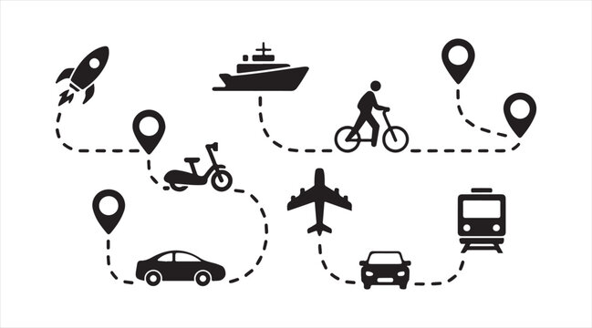 Journey planning illustration showing multiple transport modes and location pins