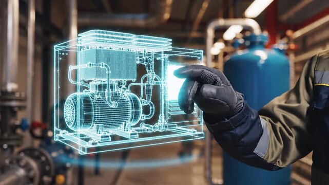Industrial engineer interacting with digital wireframe model of compressor unit in manufacturing facility. Smart maintenance technology for equipment diagnostics and predictive monitoring in plant