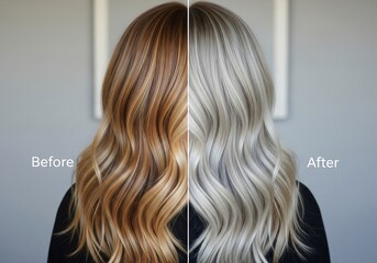 Fototapeta premium Split image showing a woman's hair before and after a blonde hair transformation