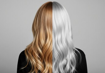 Naklejka premium Split image of woman's hair, half blonde, half silver, showing hair transformation