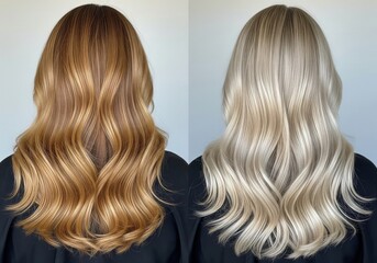 Naklejka premium Split screen image showing before and after hair transformation from warm blonde to cool ash blonde