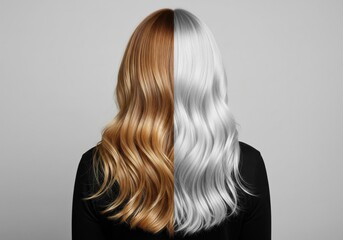 Naklejka premium Split image of a woman's hair, half blonde and half silver, showing a transformation or duality