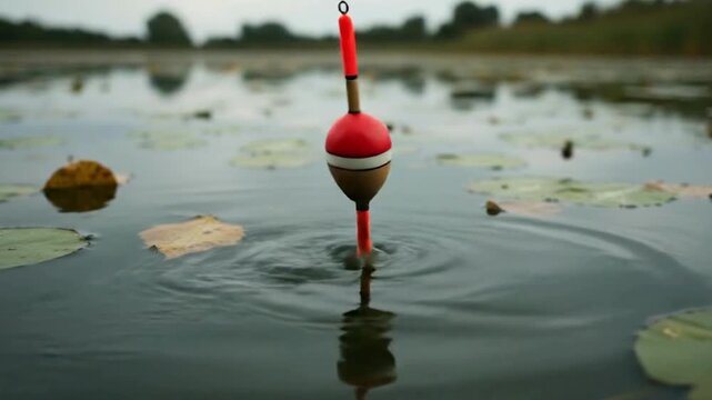 Fishing float bobbing in calm water amidst lily pads creating gentle ripples. Bright red float interacts with tranquil lake surface, surrounded by natural scenery.