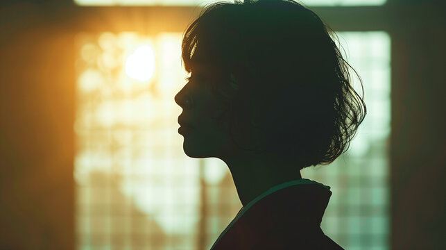 Woman's silhouette faces left with short hair in indoor setting at sunset