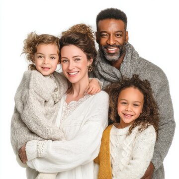 multiracial family portrait on a withe background