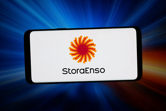 Stuttgart, Germany - 04-10-2026: In this photo illustration, the logo of forestry company Stora Enso Oyj is displayed on a smartphone in front of abstract background on computer screen.