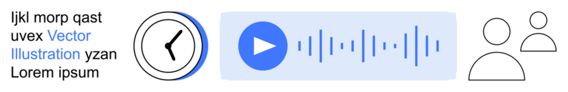Time management, audio controls, user interfaces, communication tools, digital workflows, productivity. Clock, play button audio waveform and user icons. Time management and audio controls concept