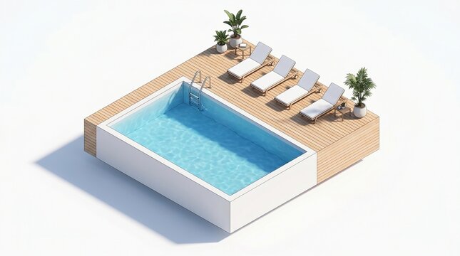 Isometric modern swimming pool with clear blue water, wooden deck, four white lounge chairs, and metal ladder.