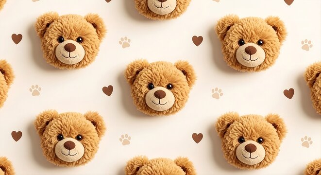 Cute 3D Rendered Teddy Bear Faces Seamless Repeat Pattern with Hearts Paw Prints on Light Beige Background