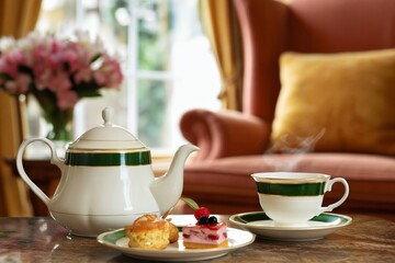 Fototapeta premium Enjoying Tea and Dessert in a Cozy Setting With Flowers on the Table