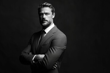 Obraz premium Man in Suit Stands With Arms Crossed Against Dark Background in Studio Setting