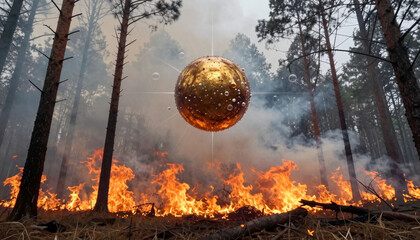 Fototapeta premium Surreal Floating Sphere over Forest Wildfire Landscape
