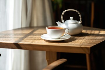 Fototapeta premium Warm Tea With a Teapot on a Wooden Table During Morning Light in a Cozy Room