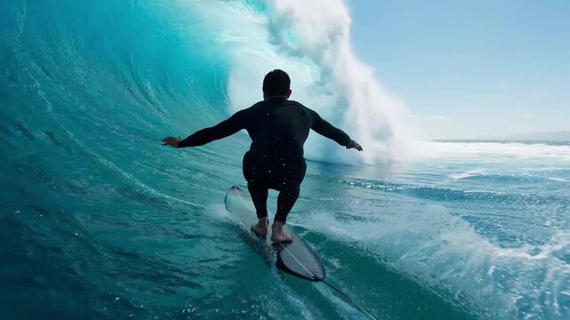 man in black wetsuit surfing inside giant turquoise wave conceptual video of water sports and powerful ocean nature