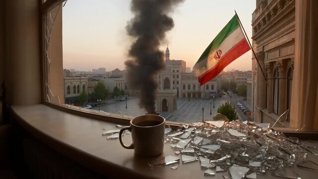 view from a broken window onto the city central square with smoke from a conflict, a cup of coffee and glass shards lie on the windowsill, flag of iran waves against the cityscape at dawn