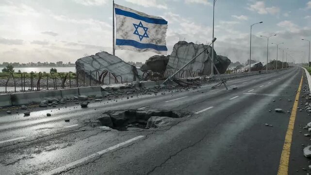 destroyed bridge over a river with huge concrete slabs and protruding rebar, flag of israel is fixed on the wreckage of the structure, consequences of military conflict and infrastructure damage