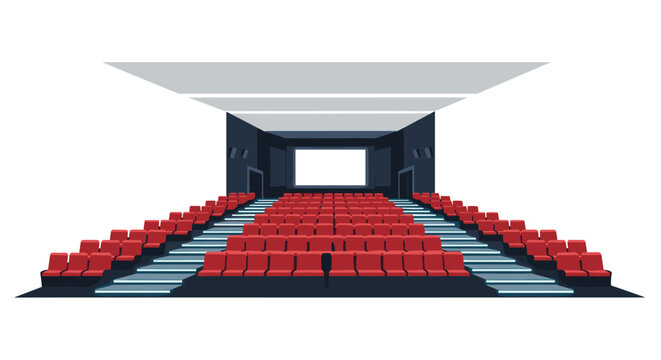 A symmetrical movie theater interior displays vibrant red plush seats and glowing blue illuminated aisle steps leading toward a bright white screen.