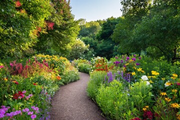 Fototapeta premium Colorful Flowers Line a Winding Path in a Garden During a Sunny Day