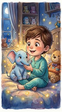 Cute Child Playing with Toy Elephant in Cozy Bedroom Watercolor Illustration