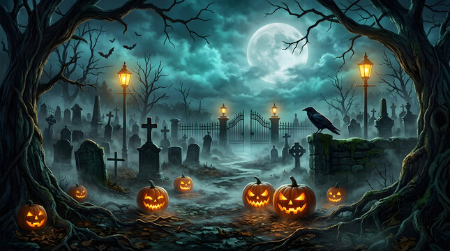 A spooky Halloween graveyard scene with glowing jack-o'-lanterns under a bright full moon.